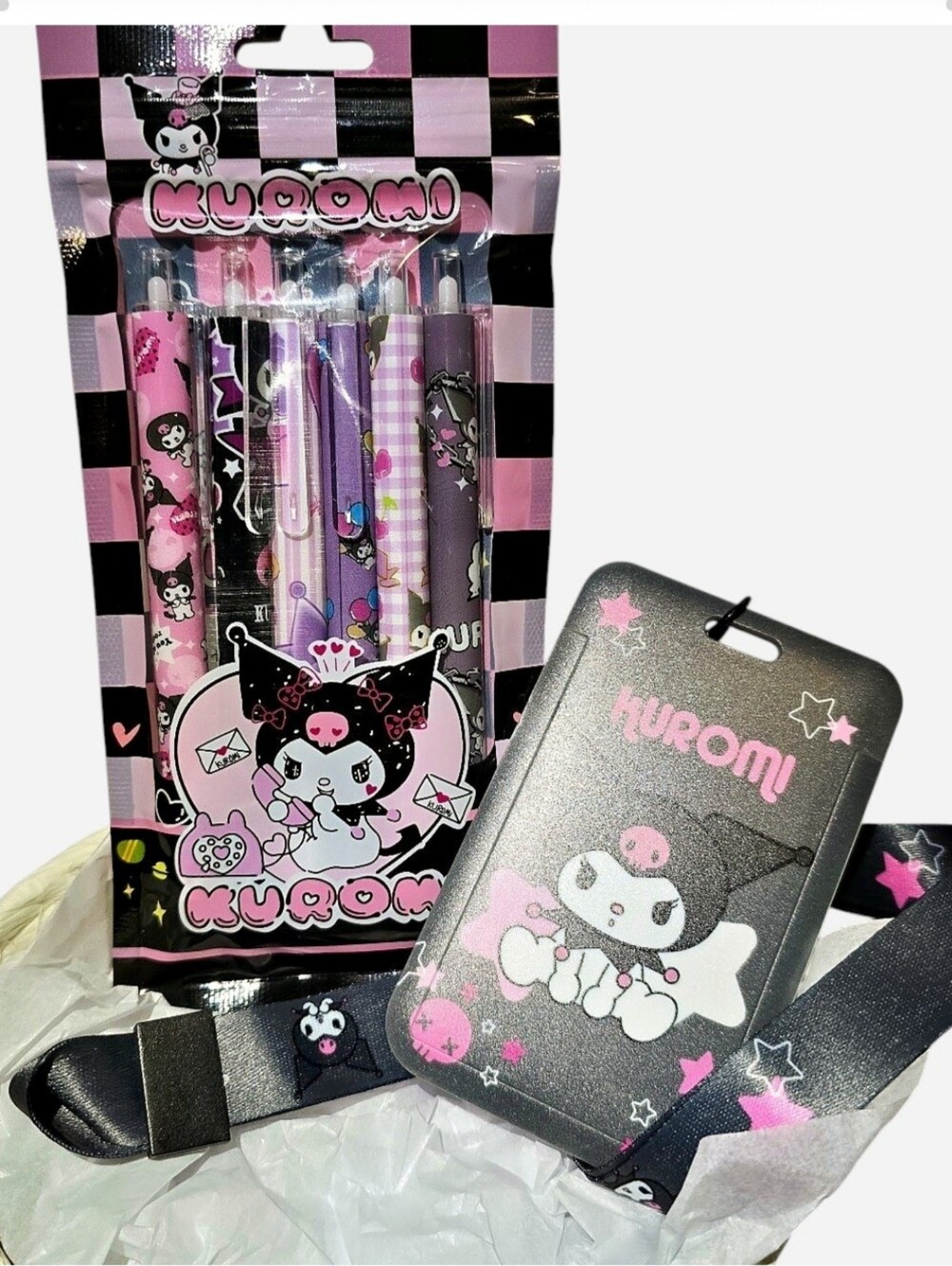 Kuromi ID Badge Holder With Matching Lanuard & 6 piece Pen Set Bundle NEW